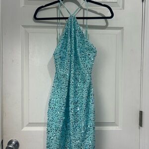 Elegant Sequin Halter Dress in Light Blue